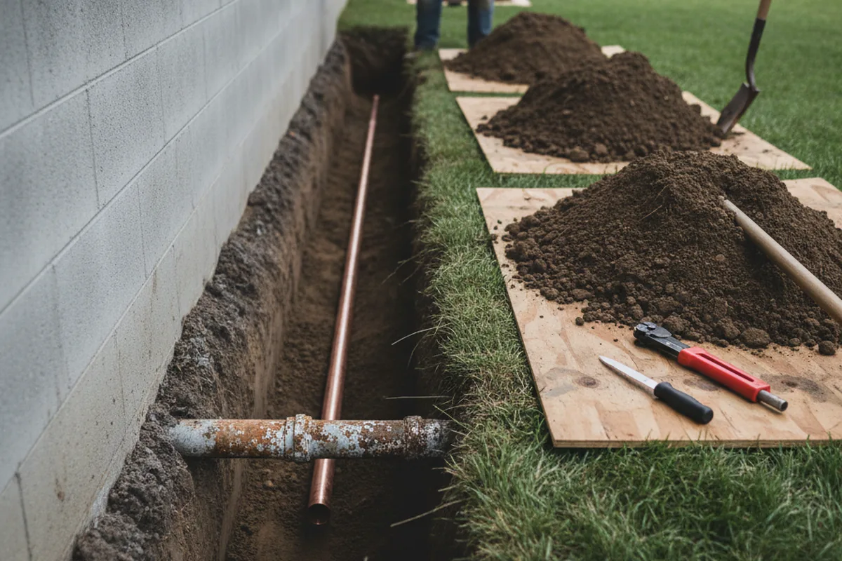 Excavated water line trench during Sewer Line Repair in Elkfork